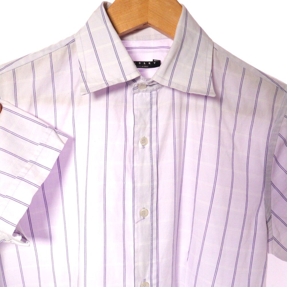 Sisley Women Top Italian Cotton Short Sleeve Button Up Top Small‎ Striped Purple